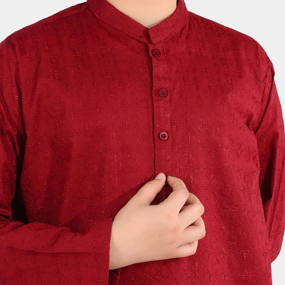 Boys Cotton Poplin Embroidered Kurta (Winery Chikankari) - Maroon