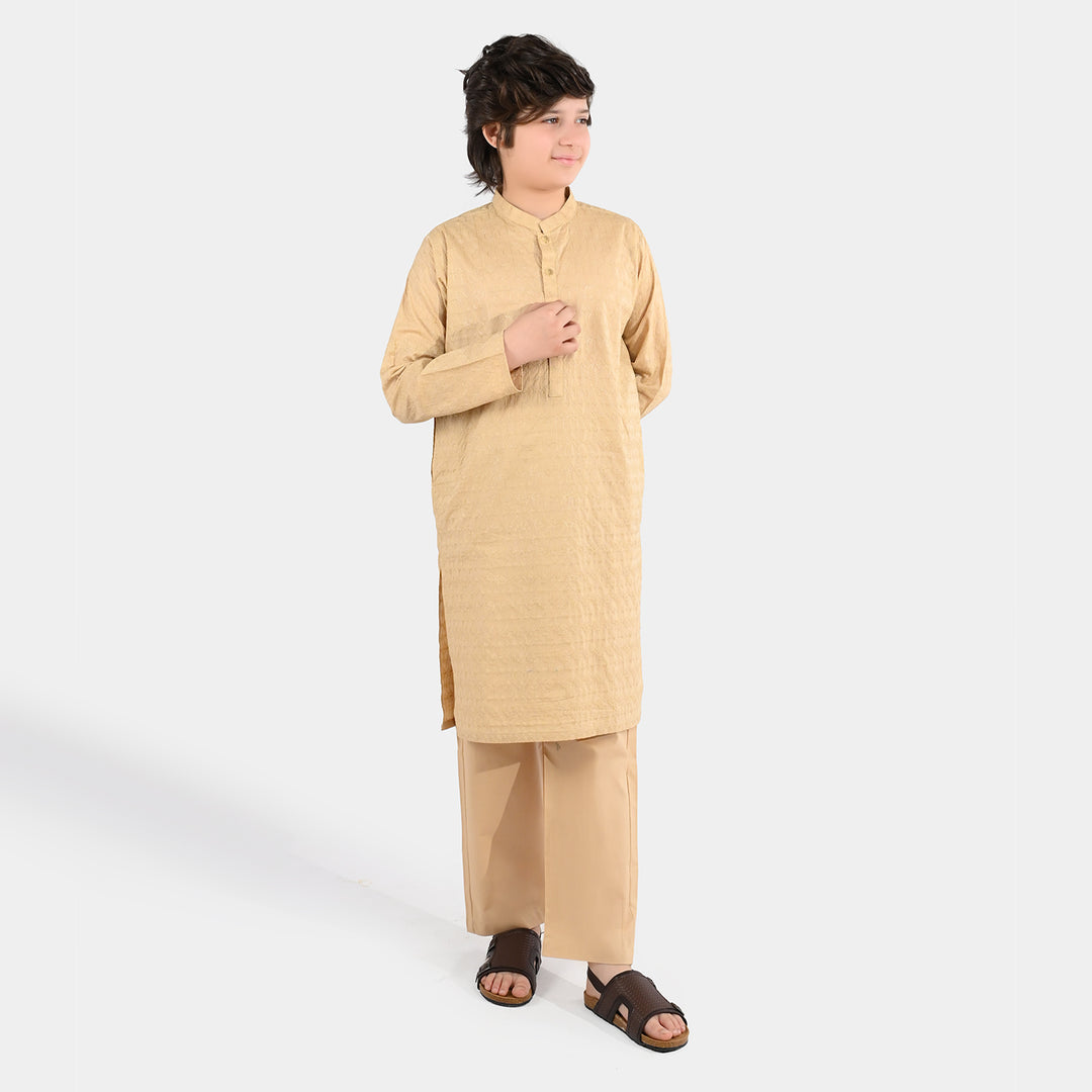 Boys Cotton Poplin Kurta Pajama (Chikankari) - Beige