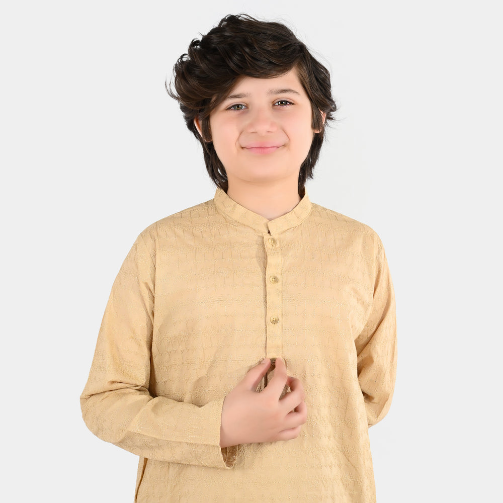 Boys Cotton Poplin Kurta Pajama (Chikankari) - Beige