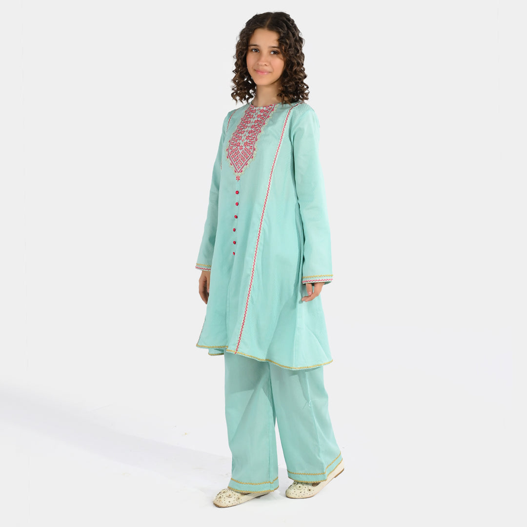 Teens Girls Jacquard Embroidered 2-Pc Set (Naqsh) - Mint Green