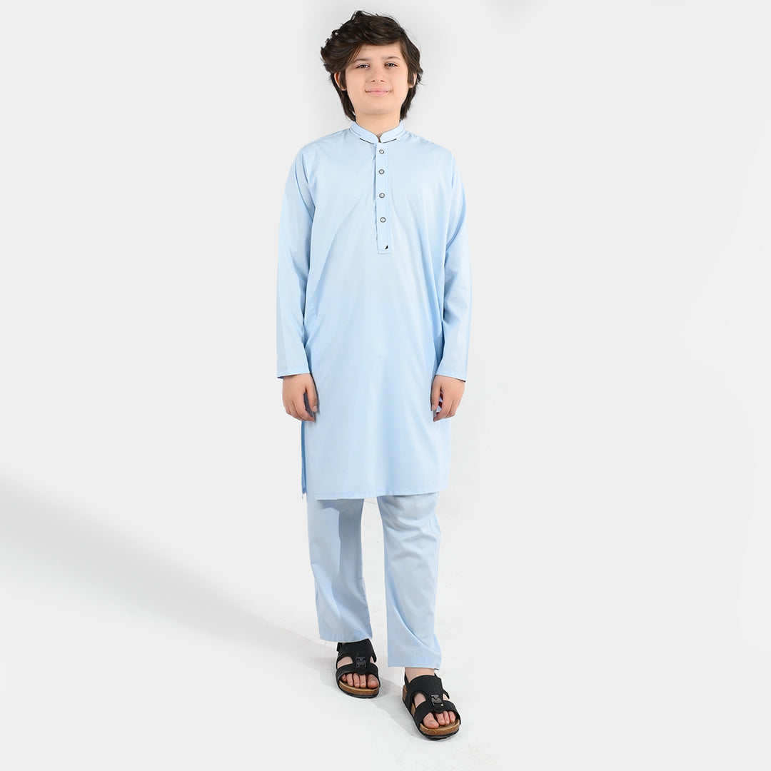 Boys Poly Viscose Kurta Pajama (Cut Collar) - Light Blue