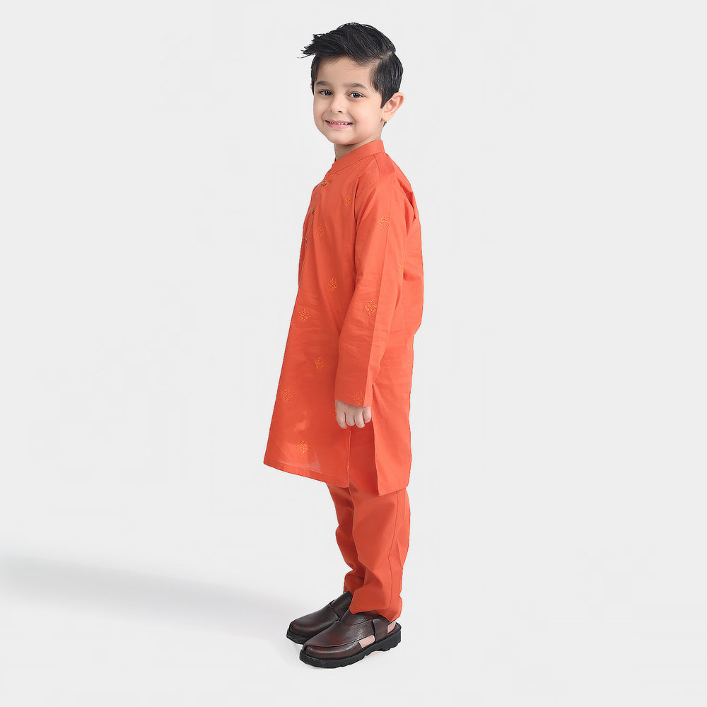 Boys Cotton Poplin Kurta Pajama Suit (Tone On Tone)-Citrus