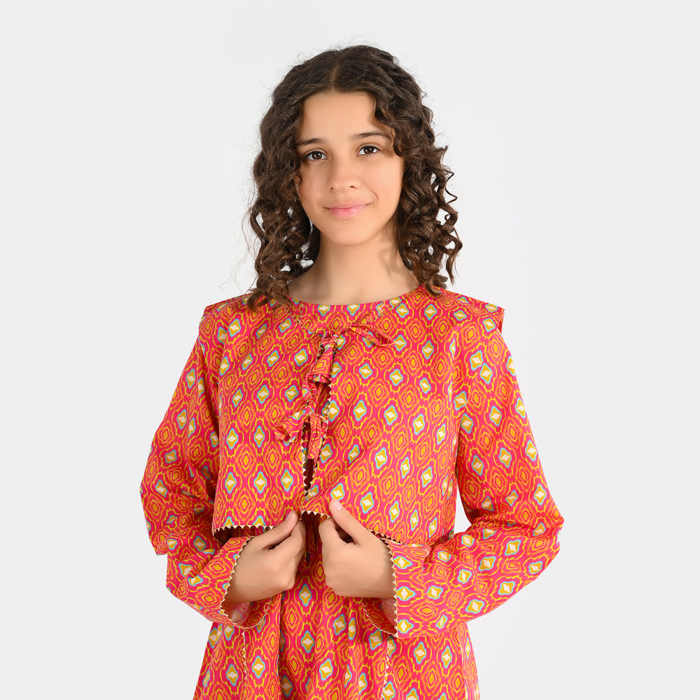 Girls Cotton Printed 3Pcs Pink Koti – Multi