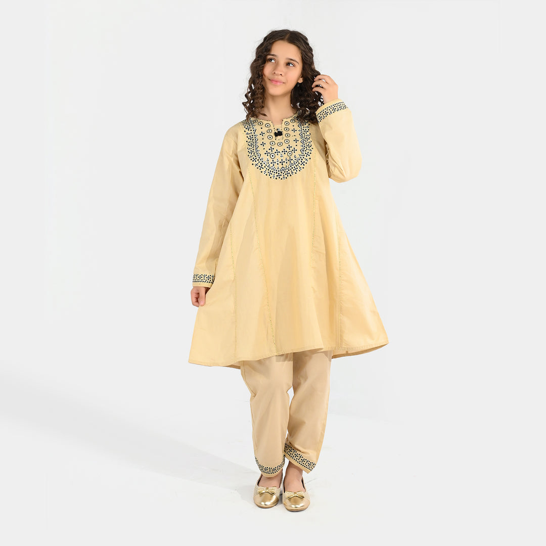 Girls Poplin 2Pcs Embroidered - Off White