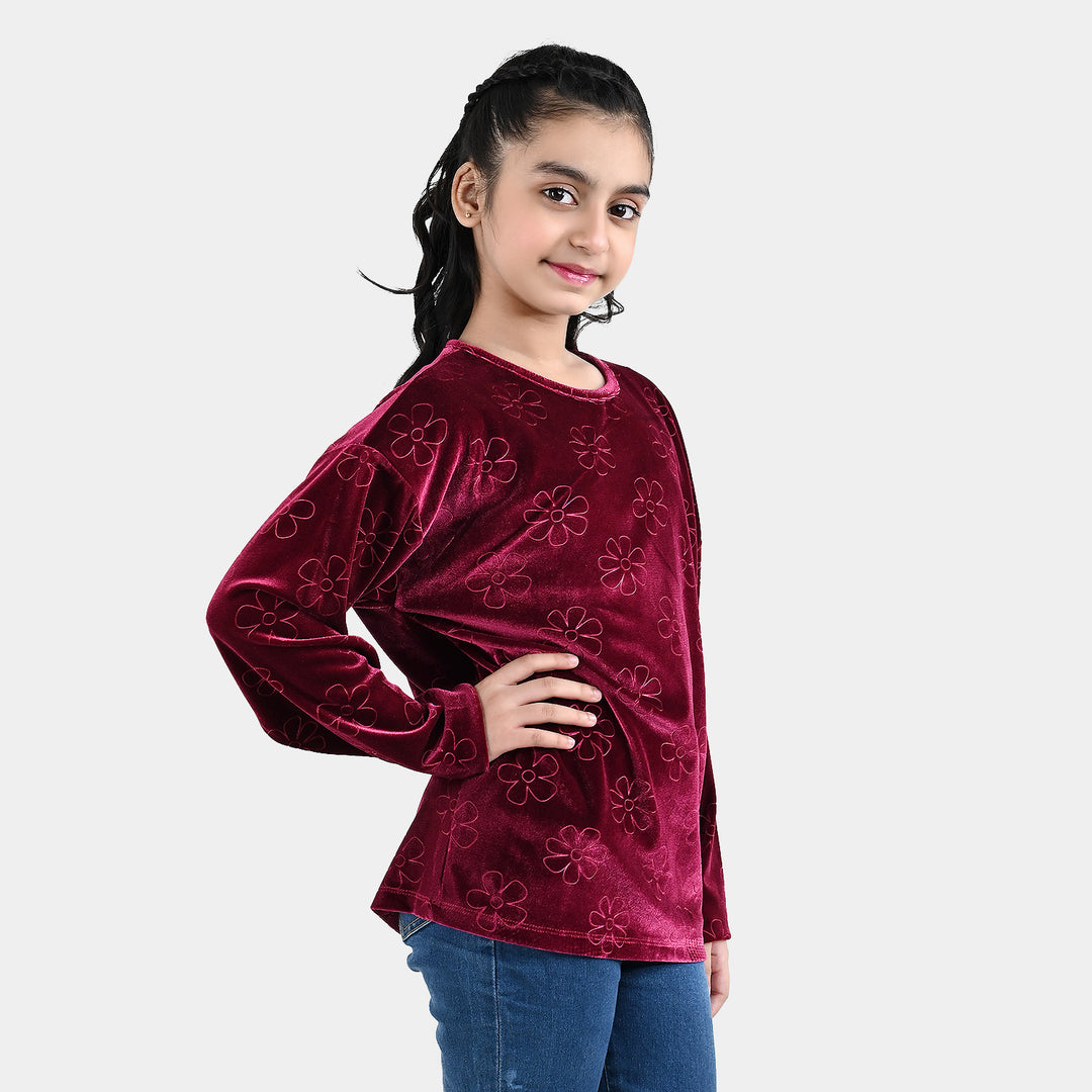 Girls Embossed Velvet Sweatshirt Tear Drop - Maroon