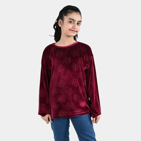 Girls Embossed Velvet Sweatshirt Tear Drop - Maroon
