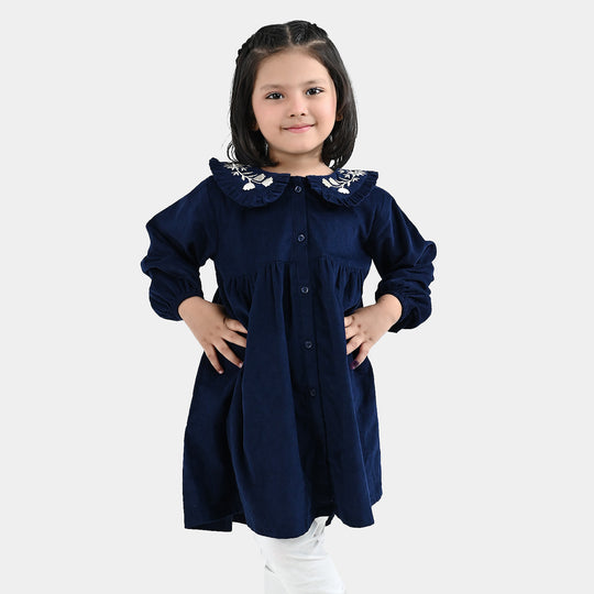 Girls Corduroy Emb Casual Frock Carbon - Navy Blue