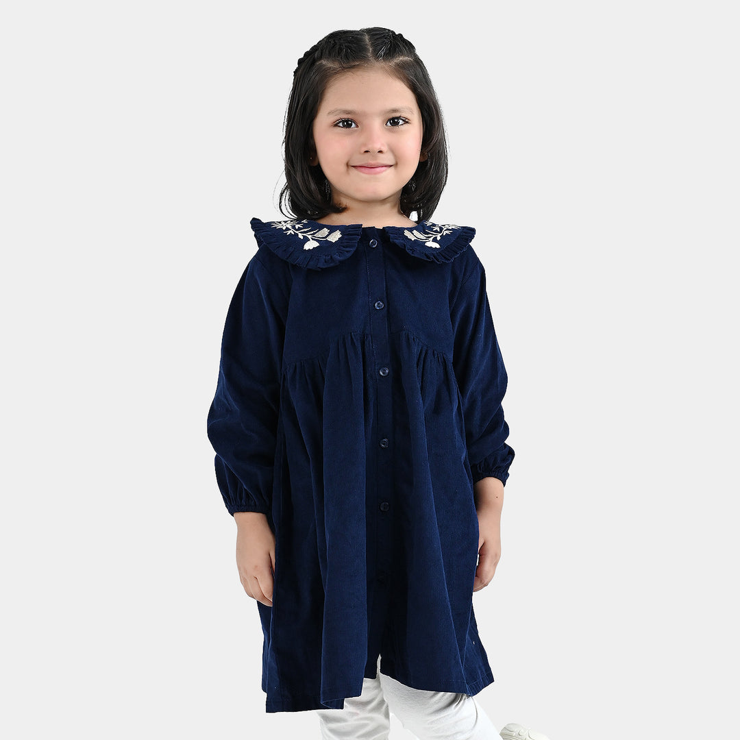 Girls Corduroy Emb Casual Frock Carbon - Navy Blue