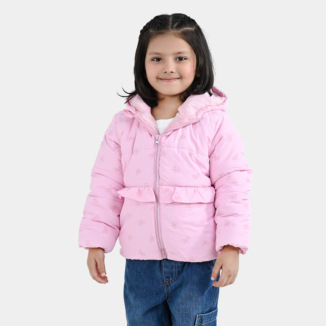 Girls Polyester Quilted Jacket Bow Repeat - PINK
