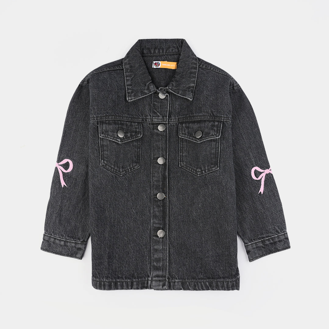 Girls Denim Stretch Jacket Bow-GREY