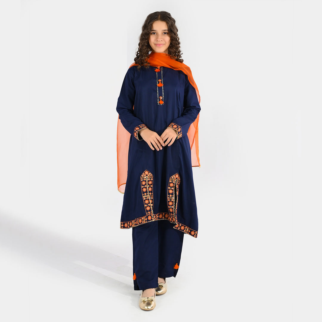 Girls Poly Cambric 3Pcs Suit - Navy Blue