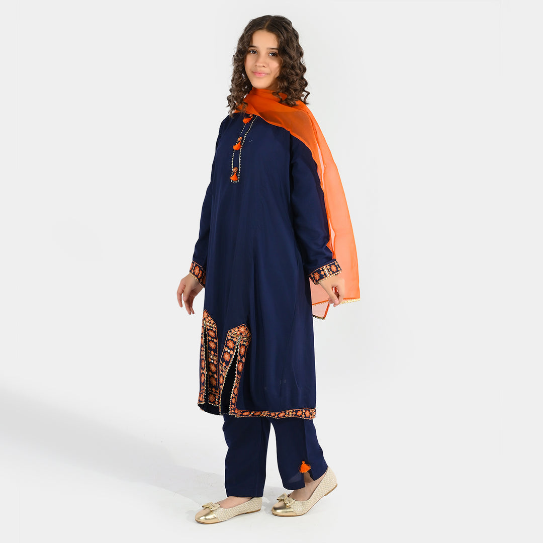 Girls Poly Cambric 3Pcs Suit - Navy Blue
