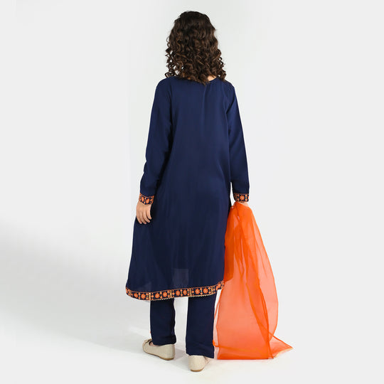 Girls Poly Cambric 3Pcs Suit - Navy Blue