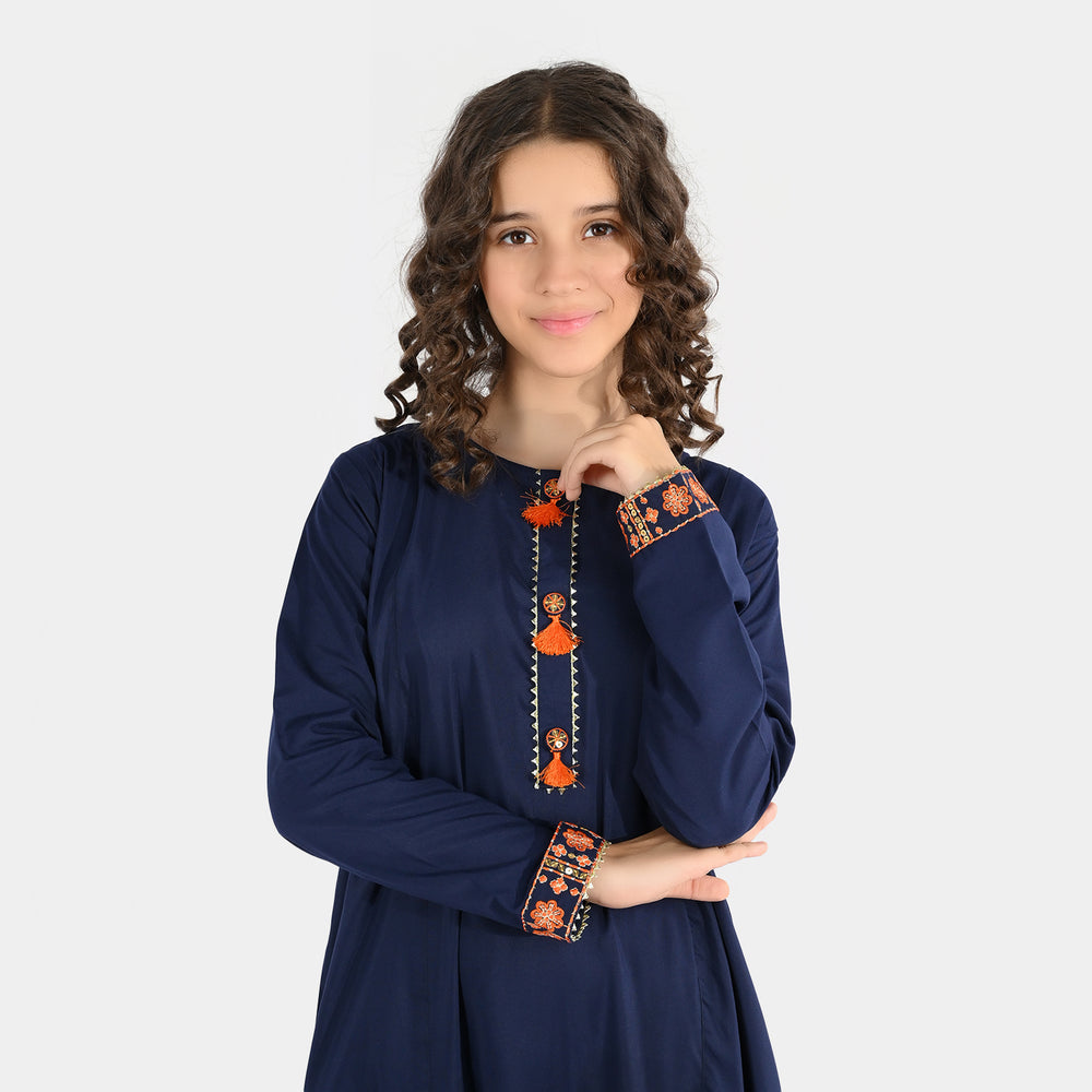 Girls Poly Cambric 3Pcs Suit - Navy Blue