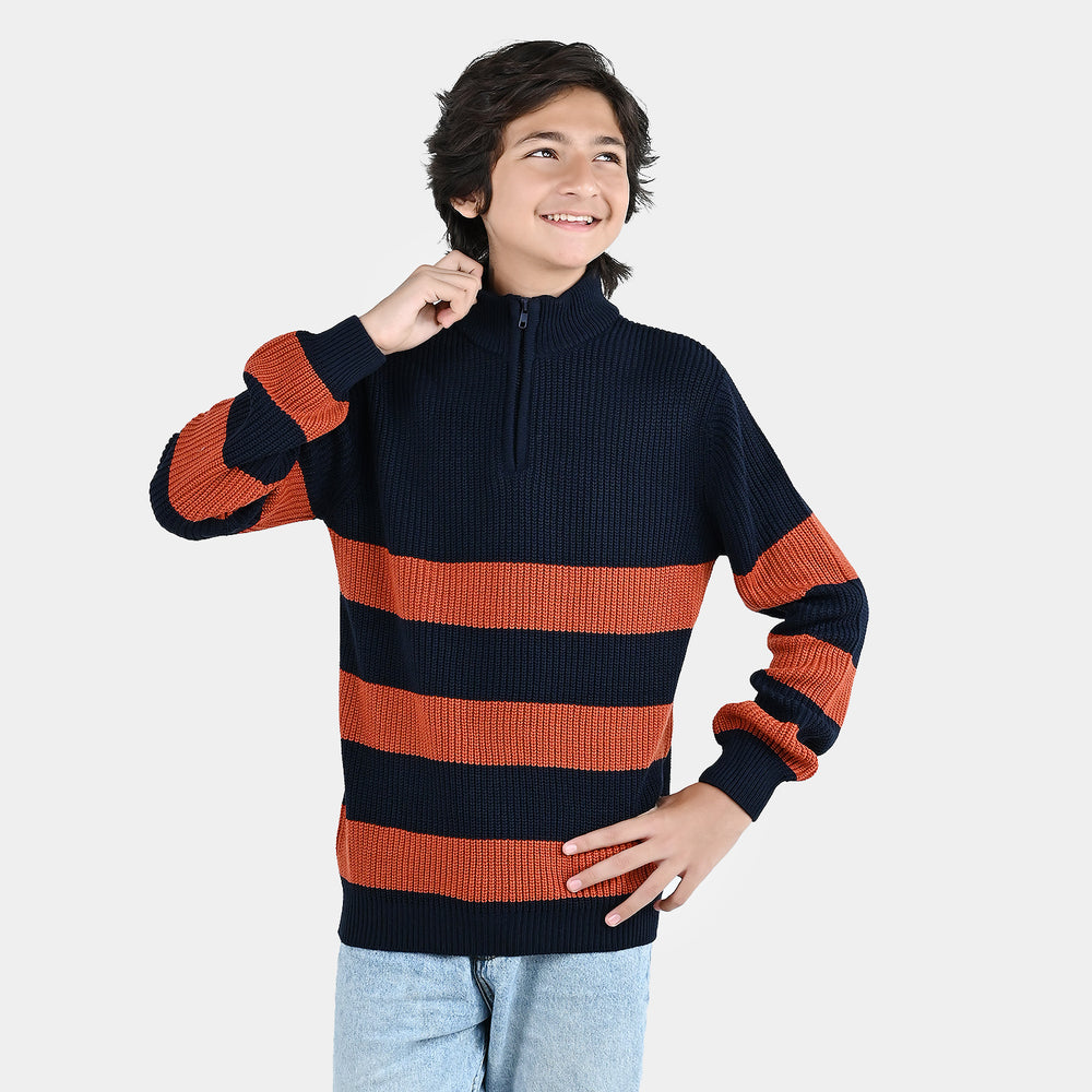 Boys Acrylic Sweater Stripe Mock - Red/Blue