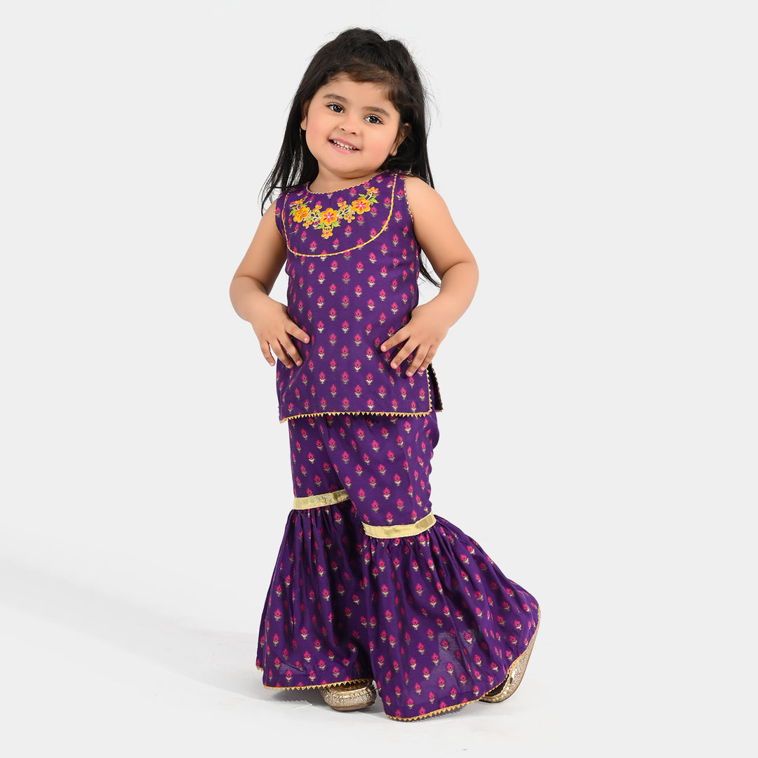 Infant Girls Cotton Jacquard Embroidered 2-Piece Set (Munni) - Purple