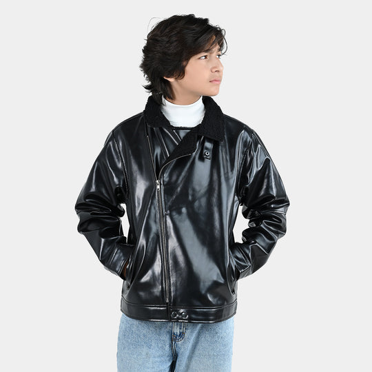 Boys PU Jacket Sherpa Collar - BLACK