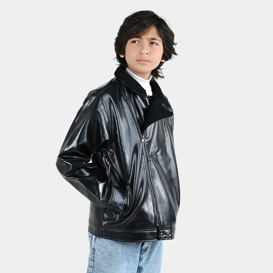 Boys PU Jacket Sherpa Collar - BLACK