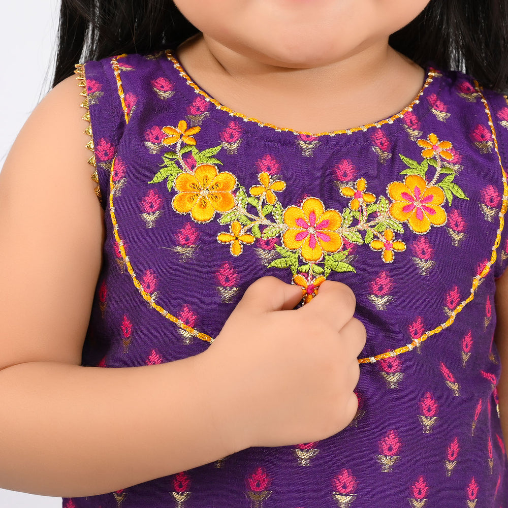 Infant Girls Cotton Jacquard Embroidered 2-Piece Set (Munni) - Purple