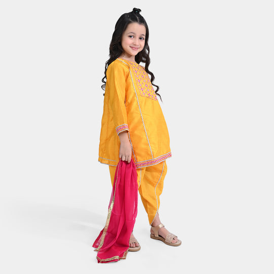 Girls Raw Silk 3 PCs Suit Shine-Corn Yellow