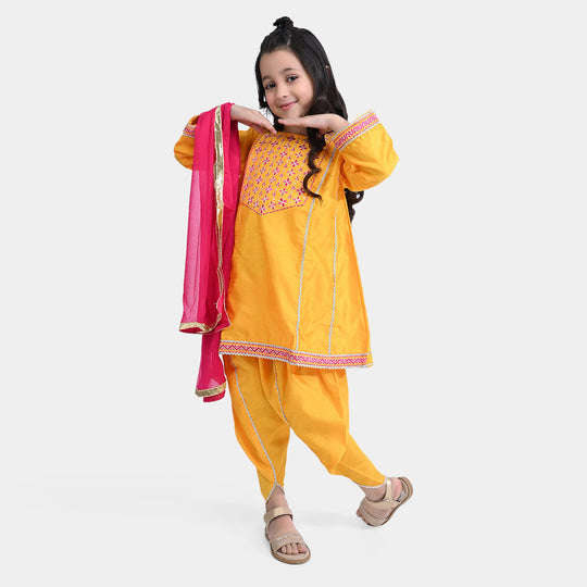 Girls Raw Silk 3 PCs Suit Shine-Corn Yellow
