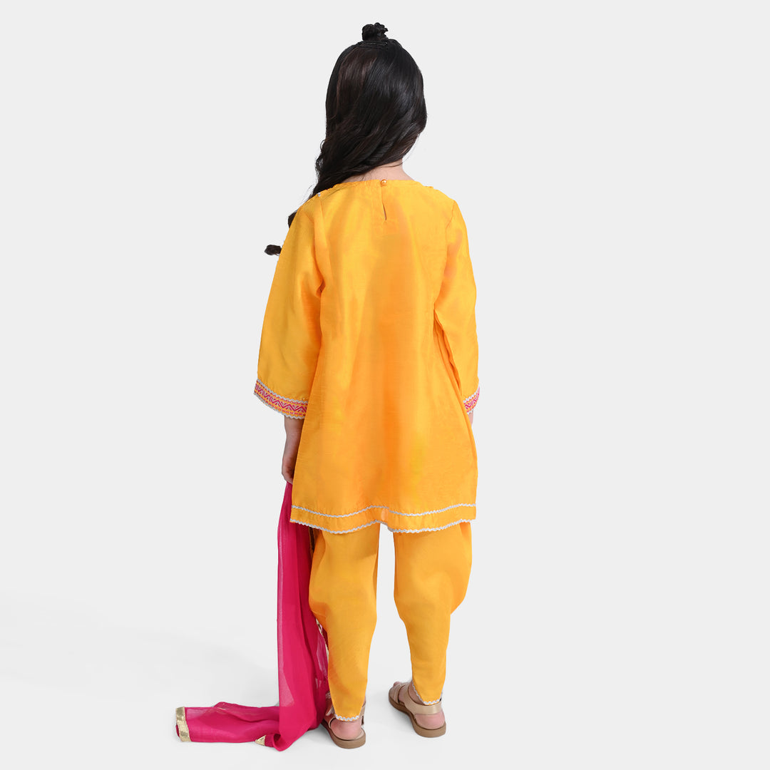 Girls Raw Silk 3 PCs Suit Shine-Corn Yellow
