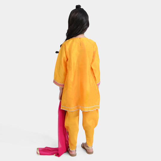 Girls Raw Silk 3 PCs Suit Shine-Corn Yellow