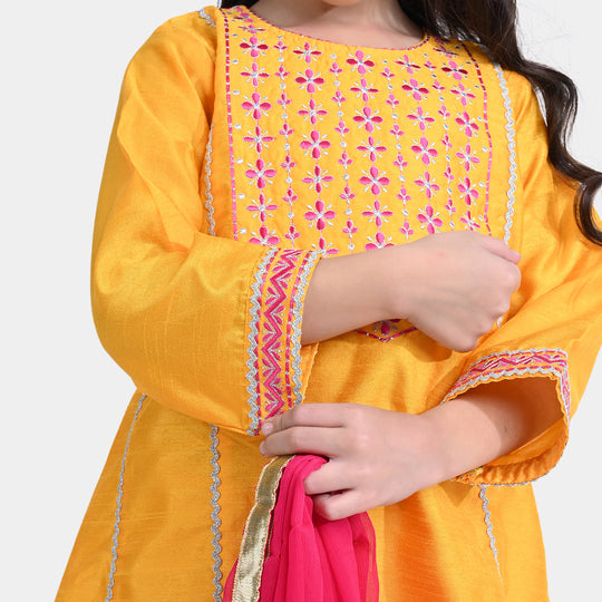 Girls Raw Silk 3 PCs Suit Shine-Corn Yellow