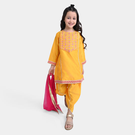 Girls Raw Silk 3 PCs Suit Shine-Corn Yellow