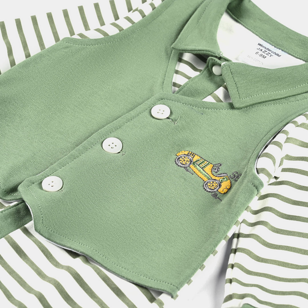 Infant Boys Cotton Interlock Romper-Green/Stripe