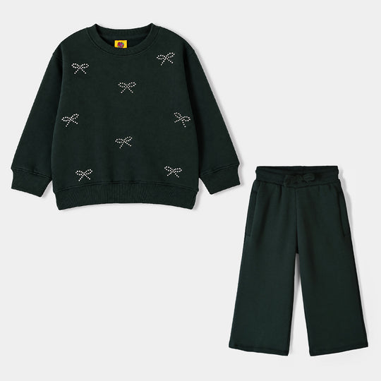 Girls Fleece 2 Piece Suit Pearl Bow-Green
