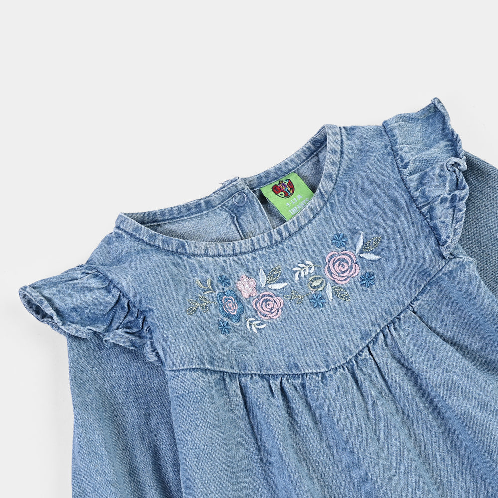 Infant Girls Denim Tensile (Light Denim) Woven Romper-BLUE