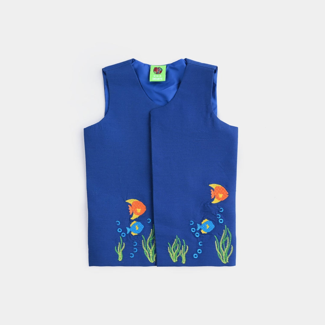 Infant Boys Cotton Poplin Waistcoat (Fishes)-BLUE