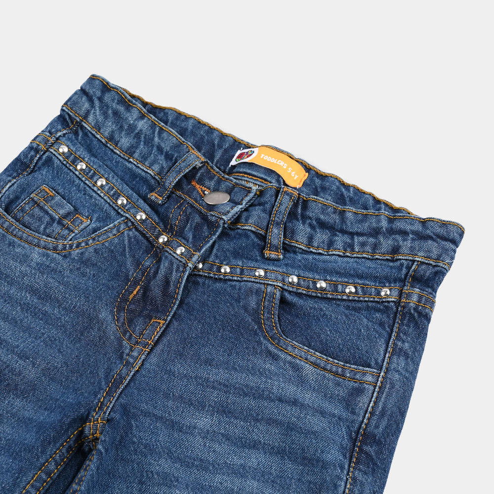 Girls Denim Stretch Pants Yoke Studs - Mid Blue