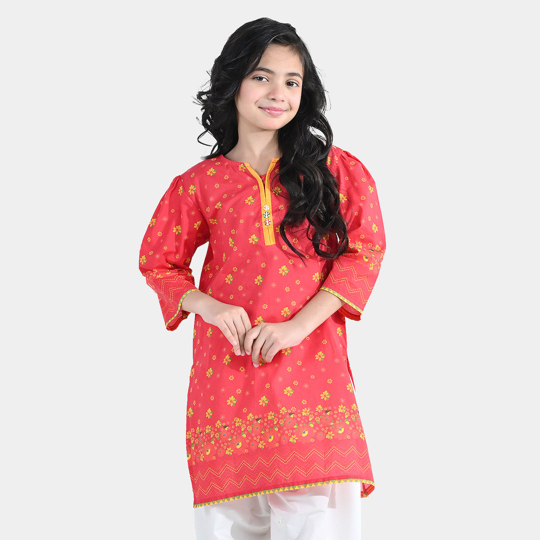 Girls Cotton Printed Kurti Dhanak - Red
