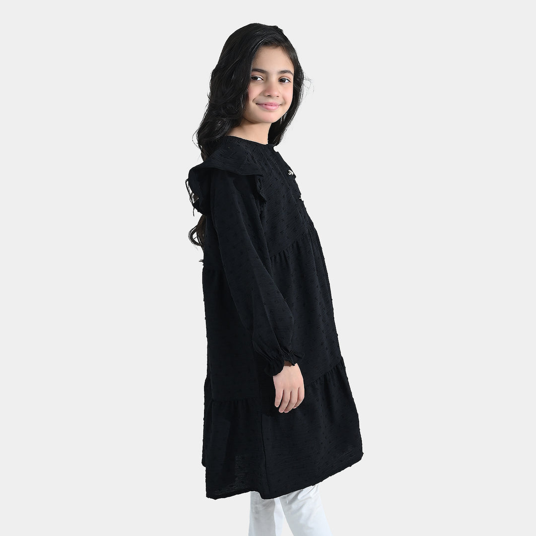 Girls Cotton Casual Frock Brochia - Black