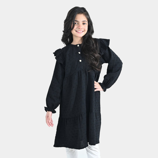 Girls Cotton Casual Frock Brochia - Black