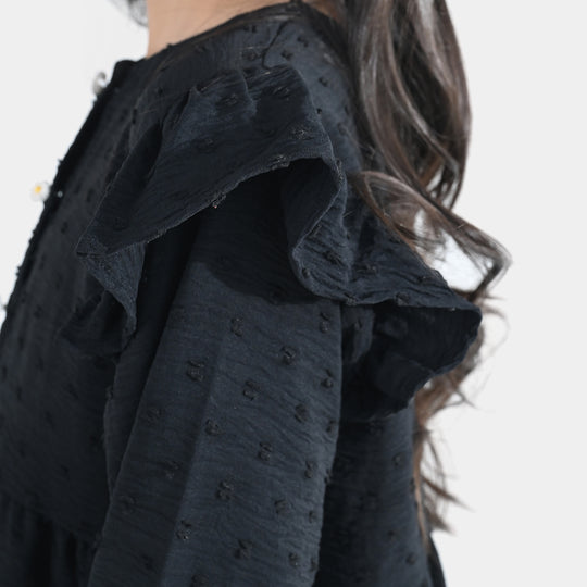 Girls Cotton Casual Frock Brochia - Black