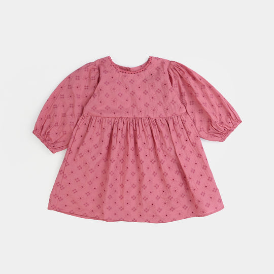 Infant Chikankari Girls Casual Frock (Apricot) - Pink
