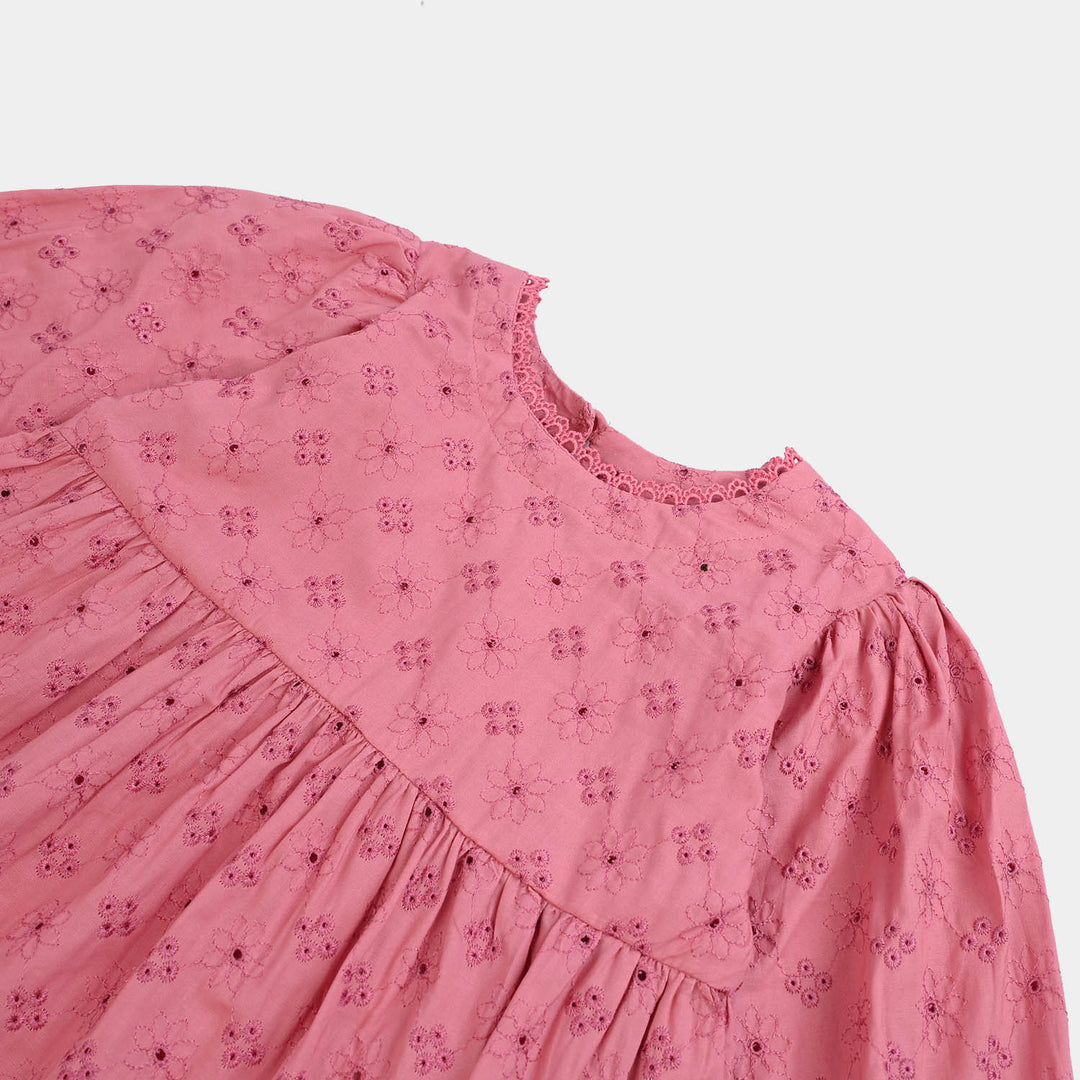 Infant Chikankari Girls Casual Frock (Apricot) - Pink