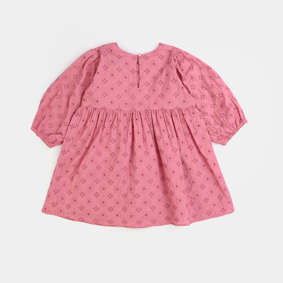 Infant Chikankari Girls Casual Frock (Apricot) - Pink