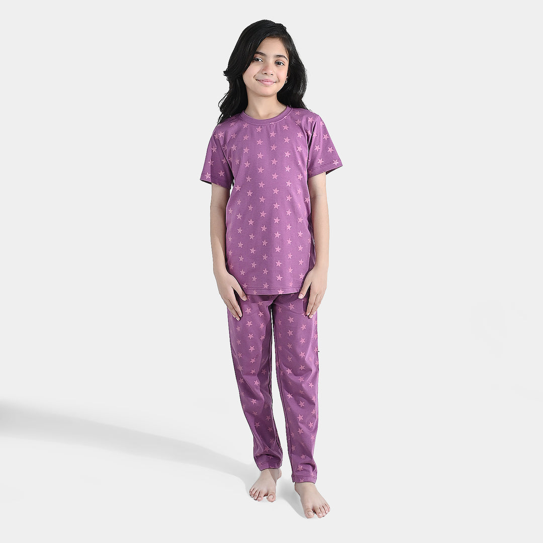 Girls PC Jersey Night Suit stars - Purple