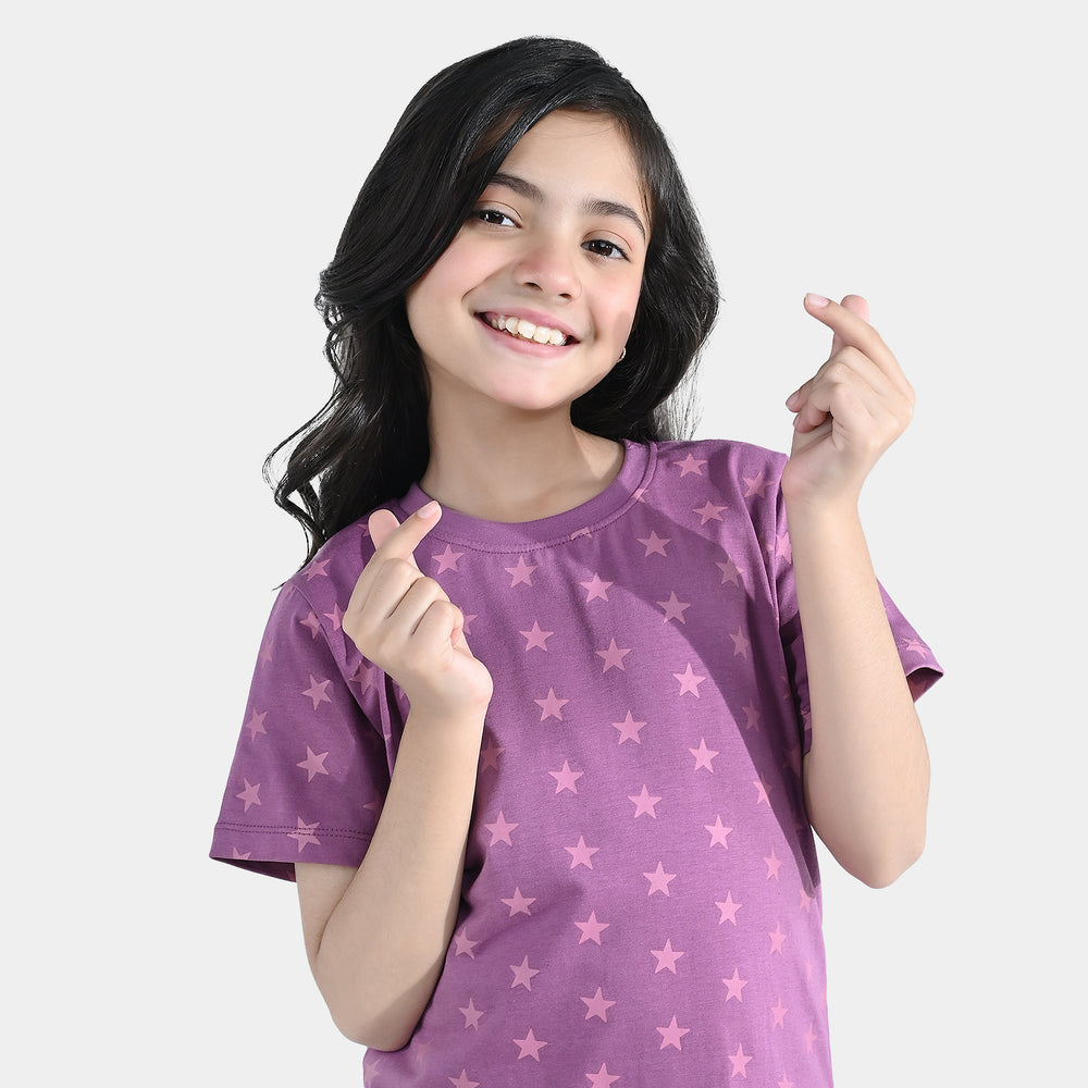 Girls PC Jersey Night Suit stars - Purple