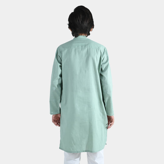 Boys Cotton Slub Embroidered Kurta (Palm Tree) - Light Green