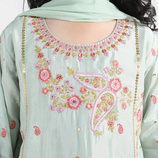 Girls Raw Silk 3Pcs (Gulshan) - Green