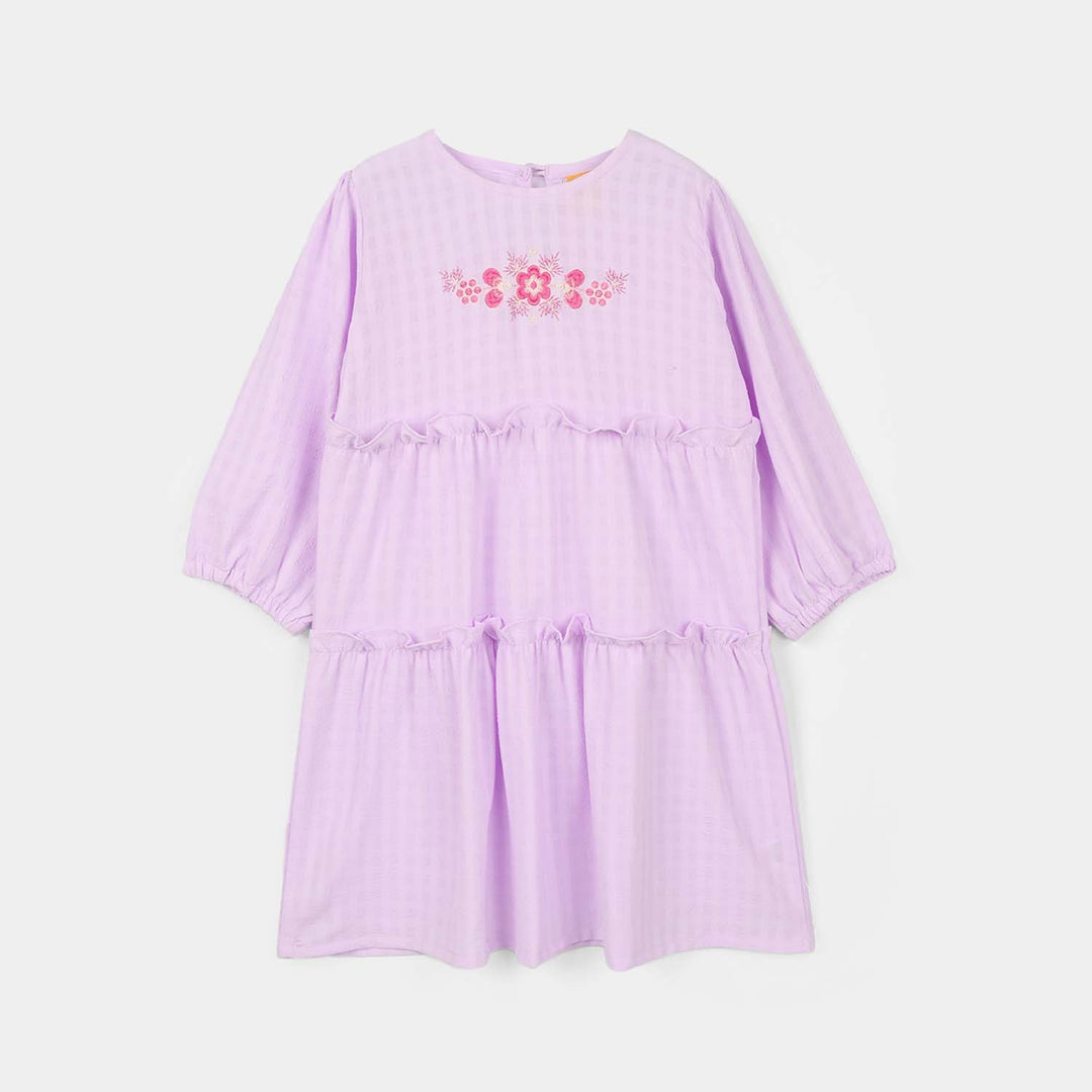 Girls Poly Crinkle Embroidered Frock - Lavender