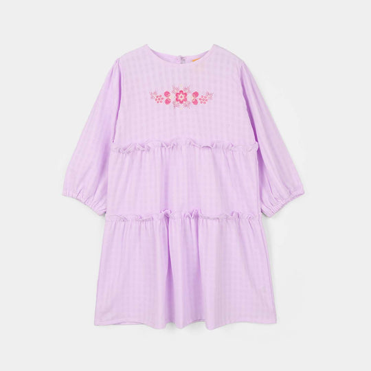 Girls Poly Crinkle Embroidered Frock - Lavender