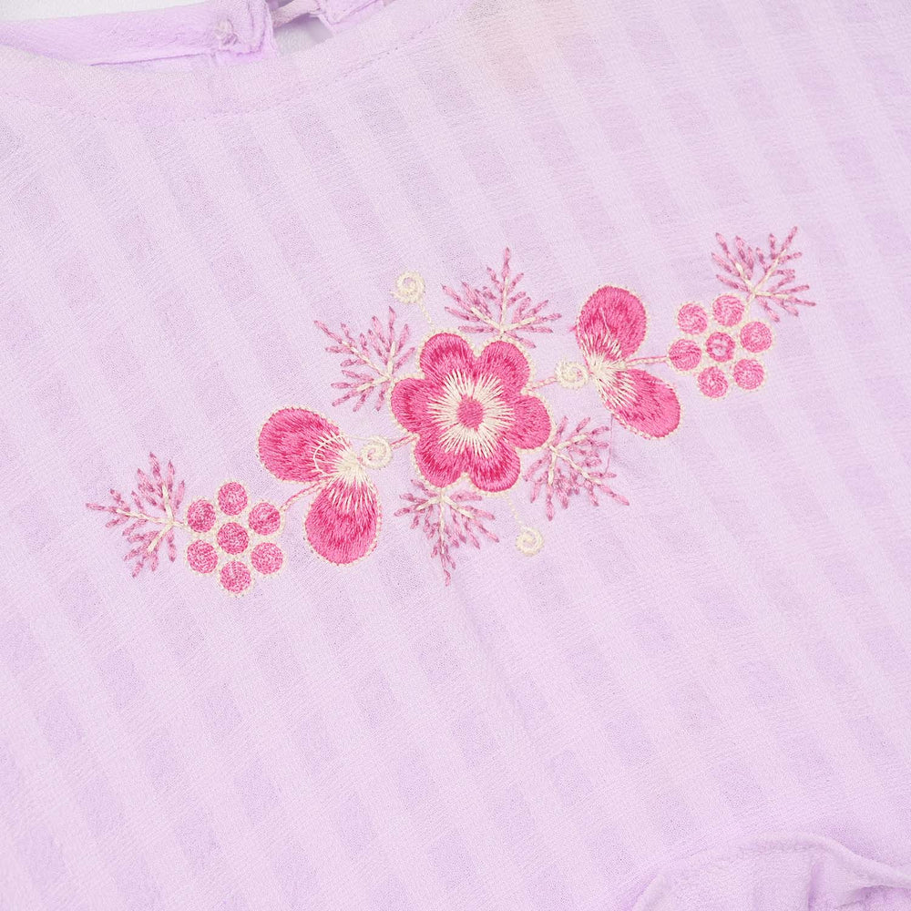 Girls Poly Crinkle Embroidered Frock - Lavender