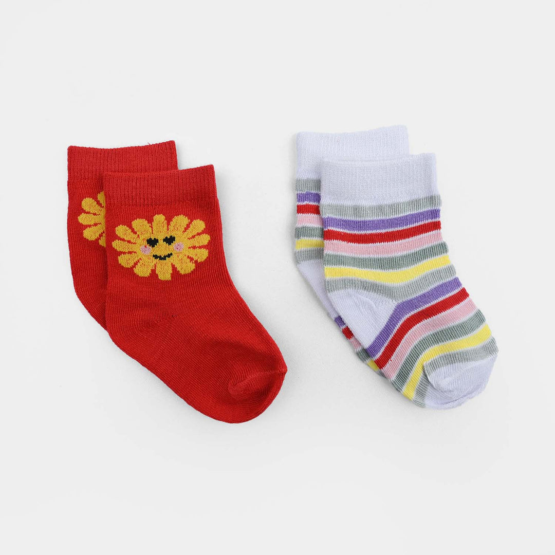 Infant Girls Cotton Sock Pack Of 2 Stripe & Sun-Pink/White