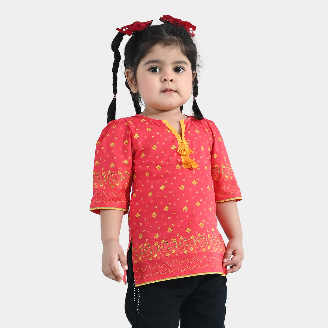 Infant Girls Cotton Printed Kurti Dhanak - Red